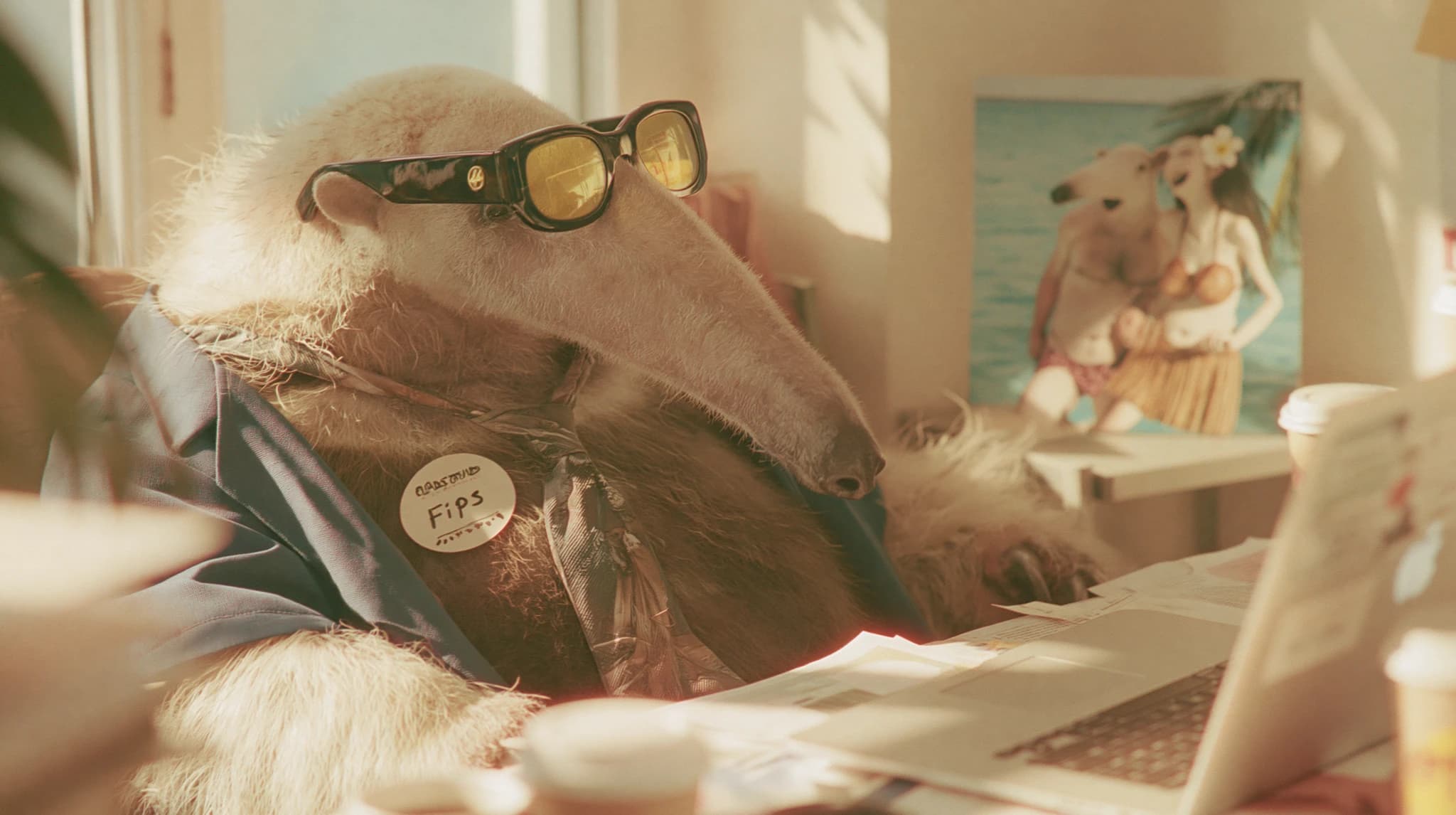 Fips, das Funkeln-Maskottchen, sitzt mit Sonnenbrille im goldenen Abendlicht am Schreibtisch